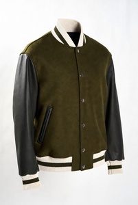 Luxury Custom Gold/<b>Silver</b> Embroidery Varsity <b>Jacket</b> Dark Green Melton Wool Brown Leather Sleeves Striped Detail Unisex - Product Image 2
