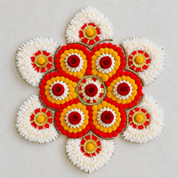 Tapis Rangoli Floral Écologique Fait Main Rouge Jaune Blanc Rose Pompon Or Décoratif Réutilisable Léger pour Diwali Mariage Puja