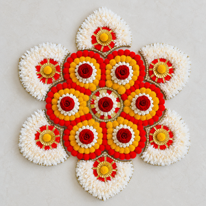 Tapis Rangoli Floral Fait Main Rouge Jaune Blanc Rose Pompon Or Décoration pour Diwali Mariage Puja Décoration de Sol - Product Image 3