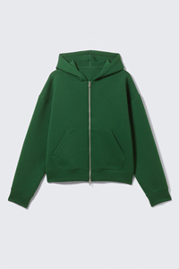 Sudadera con capucha verde para hombre, personalizada al por mayor, de peso pesado, con cremallera, corte holgado, hombros caídos, estilo casual urbano, con bolsillos delanteros - Product Image 2