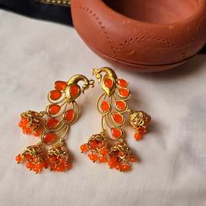 Peacock Style Hanging Drop Earrings with Pearl and Tassel Charm - Product Image 1