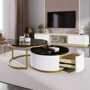 Tavolino da Caffè Moderno Rotondo con Cassetto, Nero e Oro Scanalato, 27,6 Pollici - Product Image 5