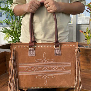 New Trendy Style Tan Suede Leather Fringe Tote Bag Women <b>Boot</b> Stitch Crossbody Handbag Concealed Carry Western Style Daily Use - Product Image 2