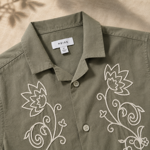 Premium Casual Mens Ivory Cotton Shirt Half Sleeve Floral Embroidery Button <b>Down</b> Resort Shirt - Product Image 2