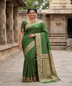 Green Banarasi Silk Saree Golden Zari Work Women Traditional Ethnic Wear Party High-quality <b>Floor</b> Length Regular 84750 SF- 1084 - Product Image 1