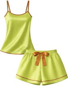 Lime Green Brown Satin Women Pajama Set Silk Sleepwear <b>Spaghetti</b> <b>Strap</b> Cami And Shorts Soft Luxury Nightwear Summer Lounge Set - Product Image 1