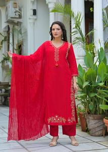 Conjunto de traje Salwar rojo de algodón hasta el tobillo con bordado y dupatta, ropa étnica tradicional para mujer, India, Pakistán, informal - Product Image 4