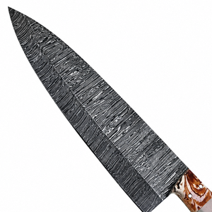 Cuchillo de Chef de Damasco Texturizado con Mango Marmoleado Negro, Gris y Marrón y Hoja con Patrón Plateado para Cortar en la Cocina y Preparar Alimentos - Product Image 4