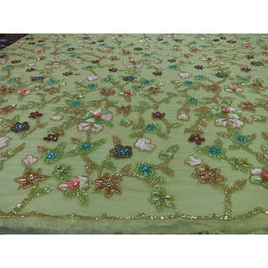 Tela de Alta Costura con Cuentas para Vestidos de Novia y de Noche, Bordado en Verde Menta con Lentejuelas y Flores 3D - Product Image 2