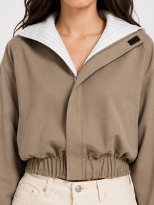 Premium Unisex Solid Canvas <b>Summer</b> Cropped Hooded Bomber <b>Jacket</b> Casual Zip <b>Lightweight</b> Cotton Blend Outerwear Modern - Product Image 4