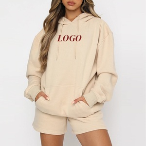 Conjunto de Sudadera con Capucha y Pantalones Cortos para Mujer, Color Beige, Corte Holgado, Algodón, Informal, Verano, Logotipo Frontal Estampado, Bolsillos Laterales, Cierre con Cordón - Product Image 2