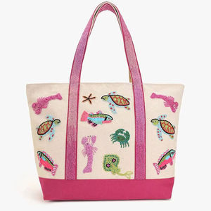 Sac fourre-tout personnalisé en toile de coton avec perles et animaux marins, idéal pour la plage, les voyages, ou comme sac de courses, fabriqué en Inde - Product Image 5
