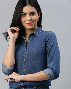 เสื้อเชิ้ตเดนิมผู้หญิงลายสก็อตแบบติดกระดุมสำหรับฤดูหนาว สวมใส่สบาย - Product Image 5