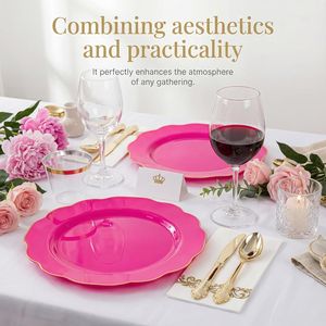 Set di Piatti in Plastica Rosa Acceso 175 Pezzi, Kit per Feste Usa e Getta, 50 Piatti Rosa Acceso, 25 Coltelli, 25 Forchette, 25 Cucchiai, 25 Bicchieri - Product Image 2