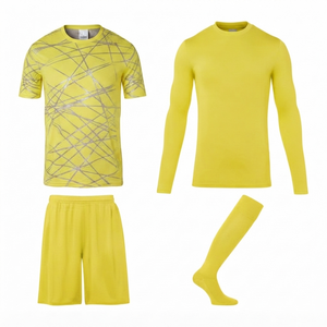Ensemble de maillots de football jaunes personnalisés 100% polyester, impression numérique, tissu en maille respirant, col rond, manches courtes, taille élastique, devant - Product Image 1