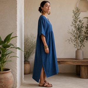 Women Oversized Cotton Linen Maxi <b>Kaftan</b> Dress V Neck Loose Fit Solid Boho Casual Beach Resort Lounge <b>Summer</b> Long Tunic Dress - Product Image 2