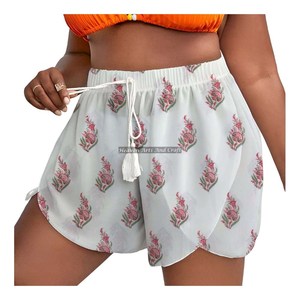 Shorts de Verano para Mujer con Estampado Dabu y Cordón Ajustable en la Cintura, Estilo Loungewear de Algodón con Estampado de Bloques - Product Image 2
