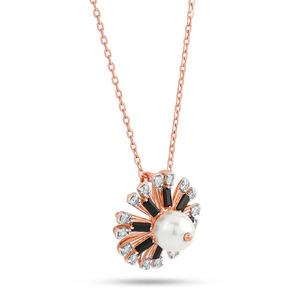 Collier pendentif diamant chaîne dorée avec centre de perles noires florales effet soleil éclatant - Product Image 3