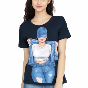 T-shirt noir à col rond pour femme, imprimé numérique, motif dessin animé, tenue en jean, manches courtes, coupe classique, décontracté, 100 % coton biologique - Product Image 1