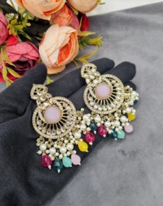 Designer Round Gem Stone Chandbali Pearl Bead Tassel <b>Dangle</b> <b>Earrings</b> Antique <b>Gold</b> Plated For Women Fashion <b>Earrings</b> Manufacturer - Product Image 6