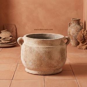 Pot à plantes artisanal en terre cuite rustique couleur crème, bol/bassin à large ouverture, vente en gros - Product Image 2