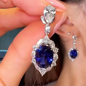 925 Moissanite Luxurious Halo Oval Cut Blue Sapphire Women's <b>Earrings</b> In Sterling Silver 18K White Gold Plated <b>Fine</b> <b>Earrings</b> - Product Image 4