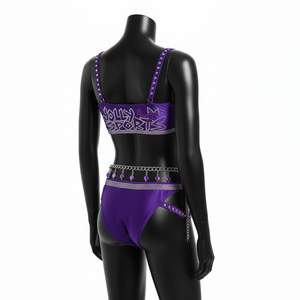 Conjunto de Bikini para Mujer, 230 GSM, Poliéster y Spandex, Diseño con Tiras y Pedrería Morada, Logotipo Personalizado con Pedrería Hotfix - Product Image 2