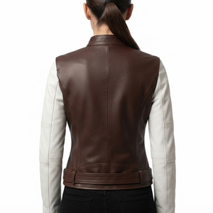 Blouson de motard en cuir véritable noir pour femme, style vintage, coupe ajustée, avec fermeture éclair personnalisée, vente en gros - Product Image 2