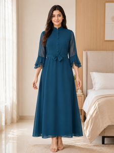 Robe longue élégante en mousseline unie à col montant pour femme, avec manches cloche et ceinture, décontractée et de haute qualité - Product Image 3