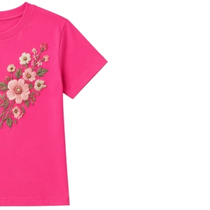 เสื้อยืดคอกลมผ้าฝ้ายปักลายดอกไม้สีชมพูสดใสสำหรับผู้หญิง แขนสั้น สไตล์ลำลอง รับผลิตตามสั่ง (OEM) คุณภาพพรีเมียม แฟชั่นฤดูร้อน - Product Image 4