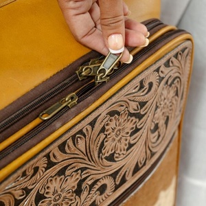 <b>Tooled</b> Leather Travel <b>Trolley</b> Bag for Unisex Hair On Genuine Cow Leather Floral Carry On Luggage Durable Luxury Rolling Suitcase - Product Image 5