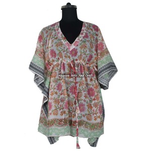 100% Cotton Women Sleepwear Hand Block Printed Kaftan Dress KFCS034 Light Weight Women Casual Occasion Wear Short Caftan Dress - Product Image 2