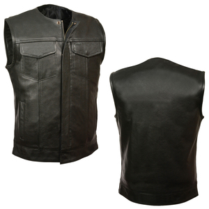 Men's Black Polyester Moto Vest O-Neck Zipper Closure Solid Color Regular Length Outerwear Plus Size Thick Leather Vest for Men - Product Image 3