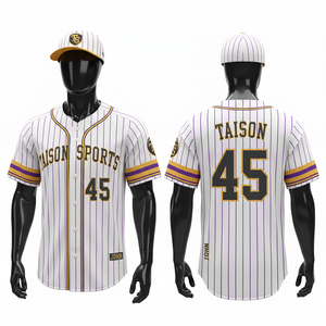 Maillot de baseball pour homme en polyester respirant, interlock, bleu ciel, rayures fines blanches, bordures marron, empiècements latéraux, logo personnalisé en twill. - Product Image 2