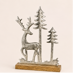 High-Quality Handmade Aluminium Reindeer Sculpture With Mango Wood Base Elegant Silver Metal Christmas <b>Tree</b> Scene For Festive - Product Image 5