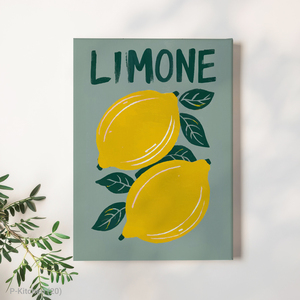 Décoration murale de cuisine : Toile vintage italienne avec citron, fond vert sauge, illustration moderne de fruits, accent pour salle à manger - Product Image 1