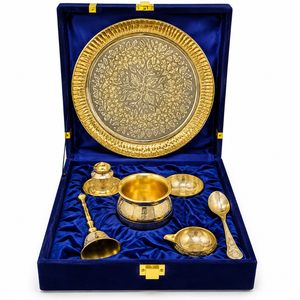 Ensemble de thali de prière vintage en laiton artisanal avec finition or et argent, plateau Aarti haut de gamme 7 pièces pour temple domestique, cadeaux de Diwali - Product Image 5