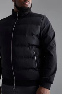 Men's Black Windproof Puffer Jacket With Stand Collar Regular Fit Polyester Wadding <b>Winter</b> Casual Coat Zipper Closure - Product Image 5