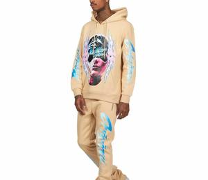 Ensemble de survêtement beige à capuche pour homme, respirant, design 2-en-1, fermeture à cordon, coupe droite longue, streetwear, collection automne, 100% coton - Product Image 2