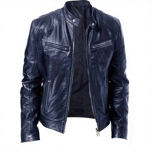 Chaqueta de Cuero Genuino y Lona Azul NA174 de BS International, Chaqueta de Invierno Unisex, Cortavientos, Impermeable, Transpirable, con Cuello Mao - Product Image 1