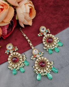 Round Uncut Stone Kundan Necklace With Matching Earring And Mangtika Designer Fashion Antique Gold Plated <b>Jewellery</b> Manufacturer - Product Image 3