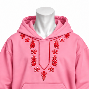 <b>Pink</b> Indus Embroidered Pullover Hoodie Decorative Floral Stitch Kangaroo Pocket Oversized Casual Streetwear Winter <b>Sweatshirt</b> - Product Image 3