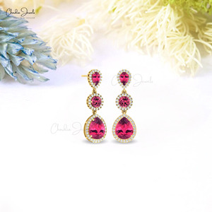 Hot Selling 10x8mm Pear Cut Pink Tourmaline <b>Dangle</b> Drop <b>Earrings</b> 14k Solid <b>Gold</b> Diamond Halo <b>Earrings</b> Wholesale Products in Bulk - Product Image 4