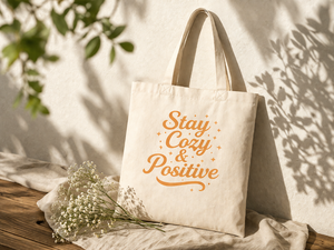 Bolsa de Mano AMANI Premium de Lona de Algodón de 300 g/m², 12x16 Pulgadas, Ecológica, Reutilizable, con Estampado de Letras 'Stay Cozy' y Logotipo Personalizado - Product Image 2