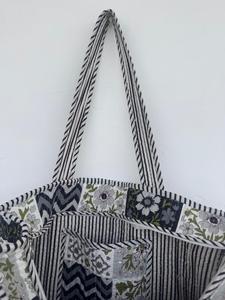 Custom Lightweight Durable Quilted Cotton Black Floral <b>Tote</b> Bag <b>Zip</b> Closure Top Long Handles Women's Shopping Bag 17x14 Inches - Product Image 5