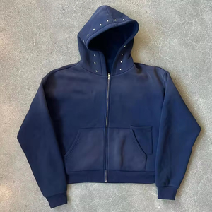 <b>Men</b> Navy <b>Blue</b> Zip-Up Hooded Sweatshirt Regular Fit Solid Color Casual Autumn Wear French Terry Knitted 320gsm Anti-Pilling - Product Image 1