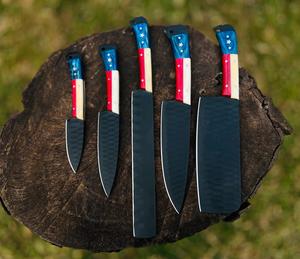 Hand Forged Carbon Steel Chef Knife Set 5-Piece Ambidextrous Traditional American Flag Design Bone Handle Kitchen Knives - Product Image 1