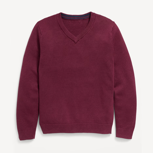เสื้อสเวตเตอร์คอวีถักสีแดงเบอร์กันดีสำหรับนักเรียน พร้อมโลโก้ปัก - Product Image 2