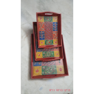 Plateaux de service en bois faits à la main, design Art Déco, lot de 3 pour mariage et Diwali - Product Image 3