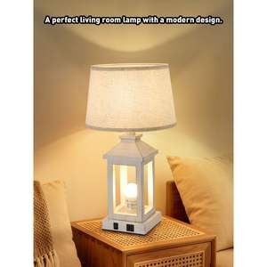 20.5\" Set 2 Vintage USB-C+A Outlet <b>Table</b> <b>Lamps</b> White Bedside Nightlight Light Bulbs Farmhouse Industrial Style for Living Room - Product Image 5